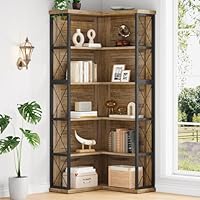 Condemo 5-Tier L Shaped Bookshelf, Vintage Industrial Corner Bookcase, Large Tall Storage Shelves Display Rack with Metal Frame for Living Room, Home Office, Bedroom, Light Brown