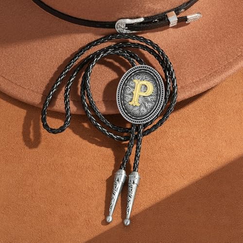 Image of HUABOLA CALYN Bolo tie for Men, Western Cowboy Golden Alphabet Initial Letter ABCDJMR to Y Costume Bolo ties Neckties
