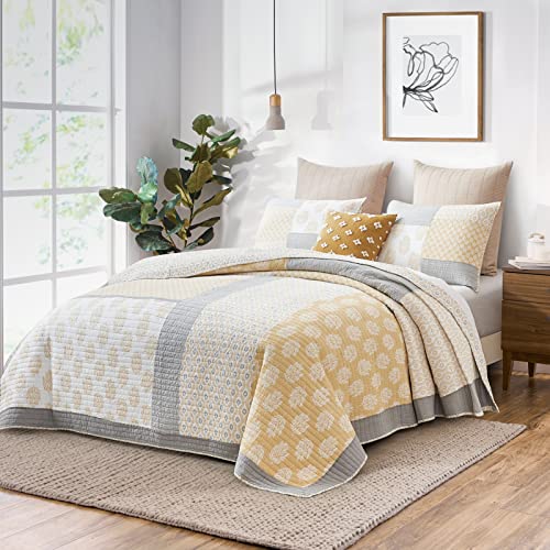 Y-Plwomen Quilts Queen Size, 100% Cotton Lightweight Soft Queen Quilt, Patchwork Reversible Bedspread Sets, Yellow Grey White Floral Quilt Bedding Set For All Season, 3-Pieces #TOP2