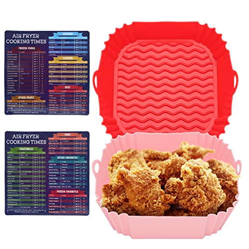 YARACHEL 2-Pack 8 inch Reusable Square Silicone Air Fryer Liners & Magnetic Cheat Sheet for 4 to 7 QT Air Fryer Oven Microwave Accessories (Red+Pink)