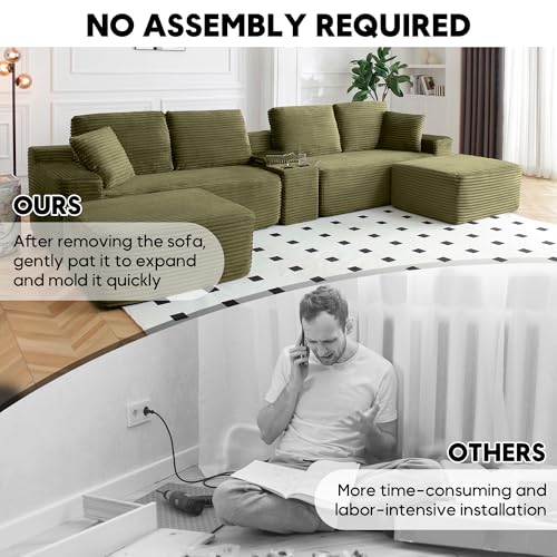 Image of 125 Inch Modular Sectional Sofa, Modern Oversized Corduroy Cloud Couch with 2 Ottomans, Cup Holders and USB Ports, U Shape Couch Boneless Couches for Living Room, No Assembly Required, Green