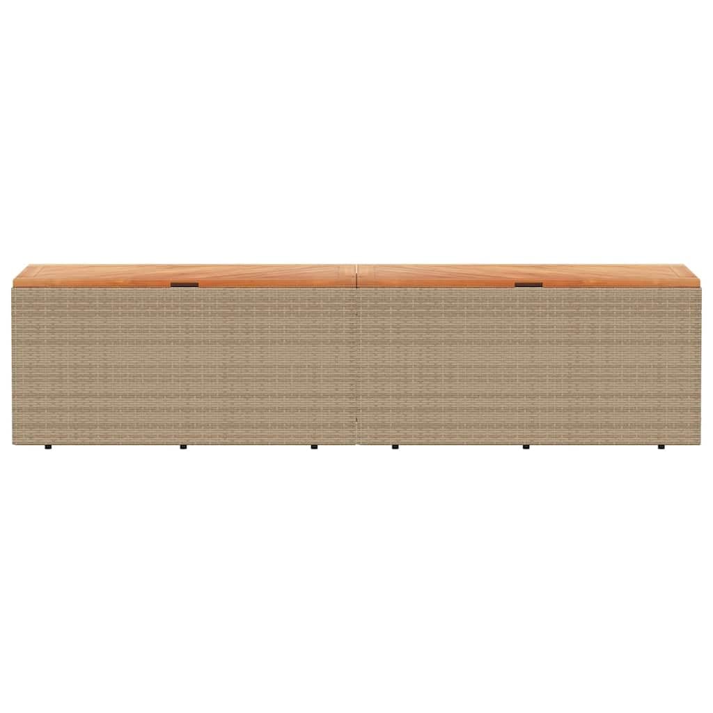 Cassapanca da giardino beige, 220 x 50 x 54 cm, in polyrattan, legno di acacia, resistente alle intemperie, contenitore per cuscini, per terrazze, balconi, esterni, con borsa dell'acqua