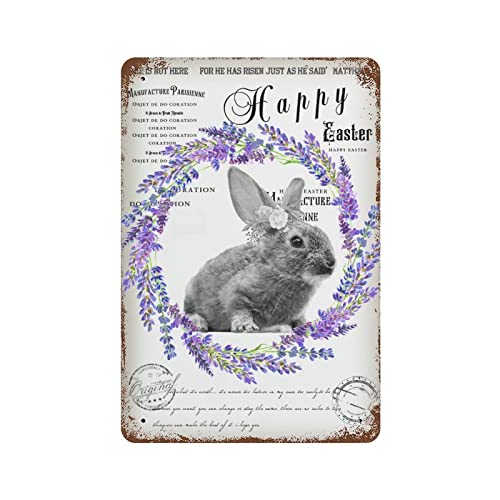 Wreath Metal Tin Sign Vintage Rabbit Happy Easter Metal Tin Sign Rabbit Farms And Feed Sign Easter Metal Tin Sign Farmhouse Decor for Home Garden Kitchen Bar Cafe Restaurant 8x12 Inch