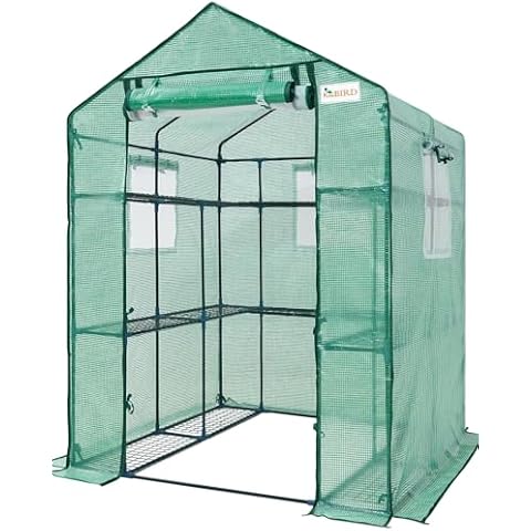 KING BIRD Premium Greenhouse for Outdoors, 56 x 56 x 77 Upgraded PE Cover & Steel Frame Walk in Hot House, w/ Zippered Screen Windows Mesh Door, 3 Tiers 14 Shelves for Outside Garden, Green Cover