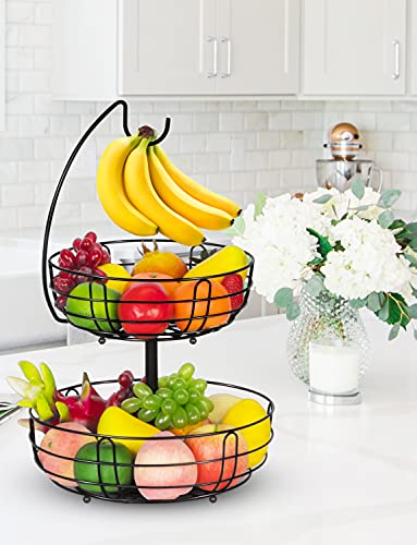 Bextcok 2 Tier Fruit Basket, Vegetables Fruit Bowl Storage With Banana Holder Hanger Hook Stand Organizer For Kitchen Countertop Counter, Black #TOP5