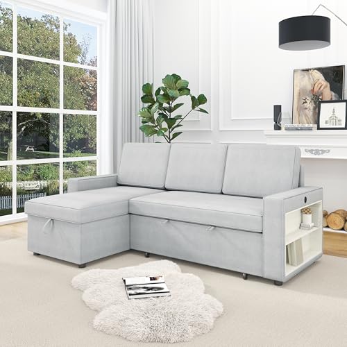 Image of 85.8"Pull Out Sleeper Sofa, L Shaped Couch, Convertible Sofa Bed, Sleeper Sofa, Sectional Couch, L Shape Couches for Living Room, Pull out Couch with Storage Chaise and Storage Racks (Light Grey)