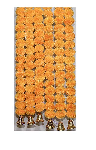 SPHINX Artificial Marigold Fluffy Flowers and Hanging Bells Garlands 2.5 feet (Light Orange, 6 Pieces)