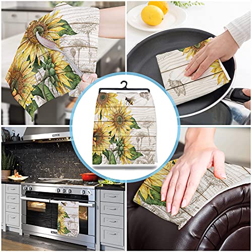 Absorbent Microfiber Kitchen Towels(Set Of 2),Farmhouse Sunflower Bees Dragonfly,Tea Towel For Kitchen/Bathroom Decorative Bar Towels,Vintage Rustic Wood,Soft Resuable Dish Towels Cloths Washable #TOP3