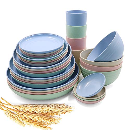 32Pieces Wheat Straw Dinnerware Sets Lightweight Plates Bowls Cups Dishes Set Unbreakable Tableware Set for Picnic Party BBQ Wedding Camping A6