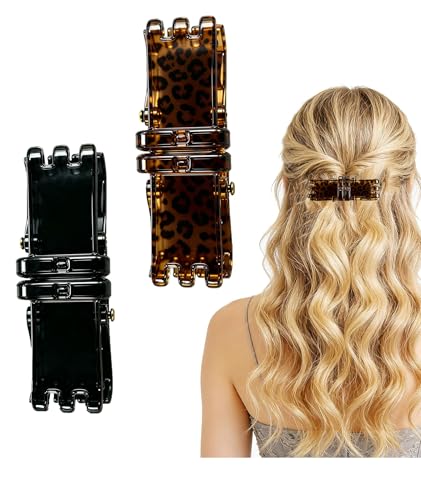Image of 2 Pcs Hair Clutchers for Women, Magnetic Hair Clip, 2-in-1 Section Clips for Hair Styling, Daily Use and Professional Salon Clutcher Hair Accessories, Black Brown Print Hair Claw Clips (Rectangular Black and Brown Leopard Print)