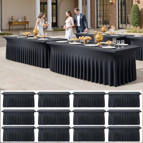 Image of 12 pk Black Spandex Tablecloth 6ft with Ruffled Skirt,Wrinkle Free High Stretch Fitted Tablecloths for 6 Foot Rectangle Tables,Pleated Elastic Spandex Table Covers 6 ft for Parties Wedding Banquet