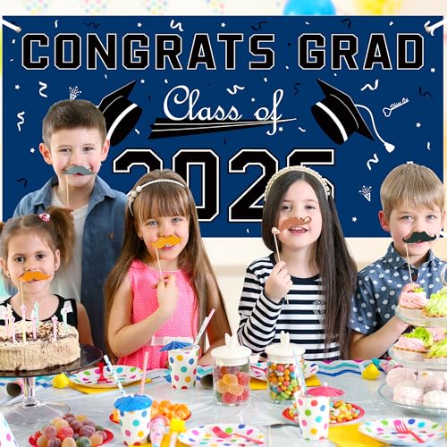 Image of Graduation Decorations 2026 2027 - Blue Polyester Graduation Backdrop - Graduation Party Decorations - Congrats Grad Banner - Graduation Decorations Class of 2026,Graduation Party Favors Supplies Yard Sign