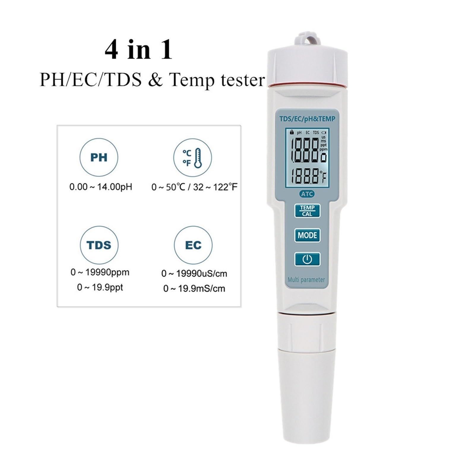 Kit per l'analisi dell'Acqua, Misuratore di PH/EC/TDS e Temperatura 4 in 1 PH Impermeabile Monitor qualità Acqua a LED Tester for Piscine Acqua Potabile(0)