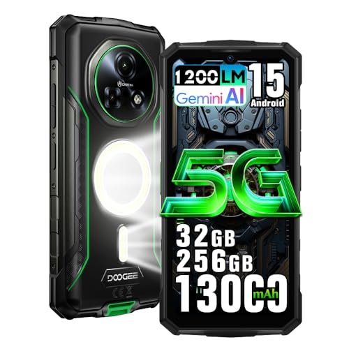 DOOGEE Fire 7 Pro 5G Telefono Irrompible,Función POC,13000mAh/33W,32GB+256GB/2TB Android 15 Movil Indestructible,6.6''HD+ 90Hz,64MP AI Cámara Móvil Rugerizado,1200LM Camping/3 Slot/NFC/3.5mm (Verde)