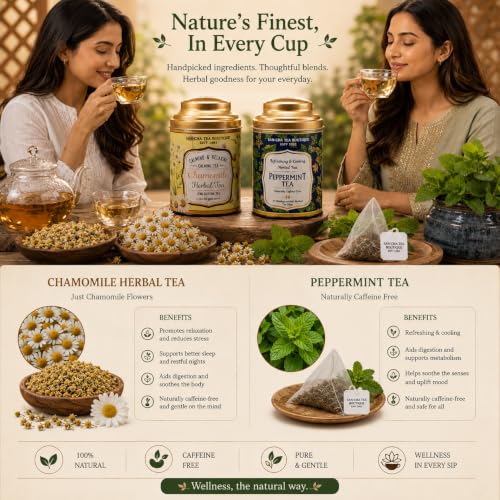 Image of Sancha Tea Boutique, Chamomile Flower (50g) & Peppermint Herbal Teas (25 Pyramid Bags), Caffeine Free Herbal Tisanes, Refreshing & Calming Drinks