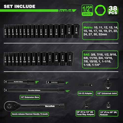 Image of TecoTek 1 /2 inch Drive Deep Impact Socket Set, 38-Piece Socket Set SAE 3 /8 to 1-1 /4 inch and Metric 10-32mm Size, Includes Extension Bars, Universal Joint, Adapter and Ratchet Handle, 6 Point, Cr-V Steel