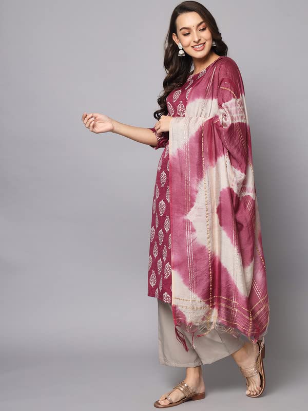 Image of VredeVogel Women's Poly Crepe Floral Straight Kurta with Pant and Chanderi Dupatta Set