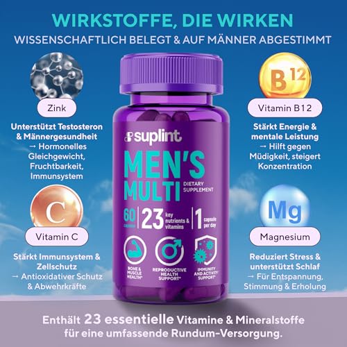 Multivitamin für Männer - 60 Kapseln für 60 Tage - Vitamin Komplex A-Z & Mineralstoffe wie Zink, Magnesium, Und Mehr - Hochdosierte Tabletten Multivinamine A, C, D, E, B6, B12, K