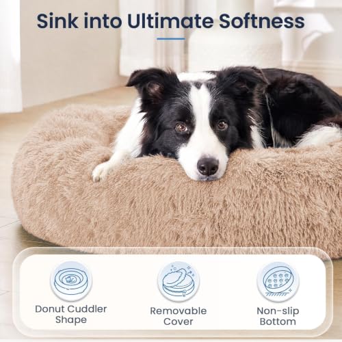 Image of JOLLYVOGUE Calming Washable Dog Bed Medium Size Dog, 31 Inch Donut Medium Dog Bed with Removable Cover, Anti-Slip Round Fluffy Faux Fur Bed, Fits up to 45 lbs Pets, Camel
