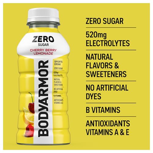 Image of BODYARMOR ZERO Sugar Cherry Berry Lemonade Electrolyte Drink, Natural Flavors, 12 Fl Oz Bottles (8 Pack), B Vitamins & Antioxidants Sugar Free Hydration