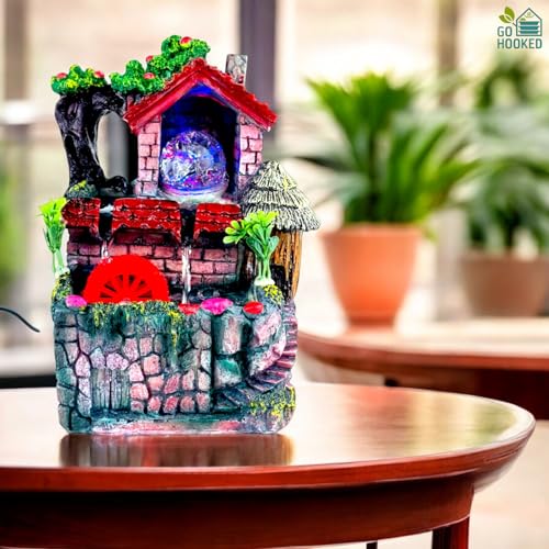 Image of Go Hooked Polyresin Waterfall Fountain with LED Lights & Adjustable Speed Control for Living Room, Bedroom & Office 25.5 Cm | Stress Relief & Positive Energy Decor | Tabletop Water Fountain (GHF313)