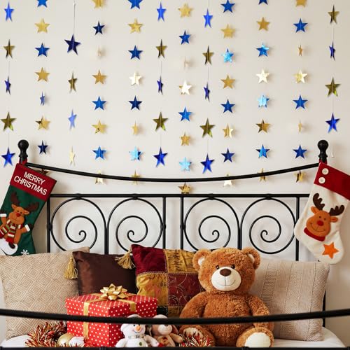 Image of Spakon 65 Feet Glitter Star Shaped Paper Garland Banner Hanging Decoration Star Streamer Double Side 2026 Graduation Decorations for Wedding Birthday New Year Party Decoration (Gold and Blue)