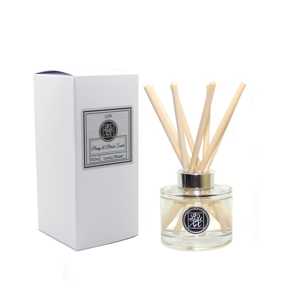 Luxx Creations - Large Fragrance Reed Diffuser 150Ml (Peony & Blush Suede/Natural Reeds) Peony, Apple, Rose, Plum, Carnation, Jasmine, Violet & Musk