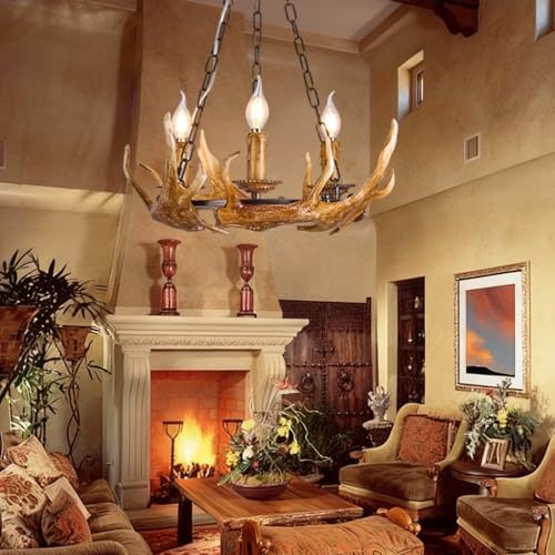 PANNN Lampadario Con Corna Di Cervo Lampada A Sospensione Vintage In Stile Rustico Lampadario LED Per Soggiorno Lampada In Resina Con Corna Di Cervo Adatta Per Camere Da Letto Sale Da Pranzo(48*56cm)