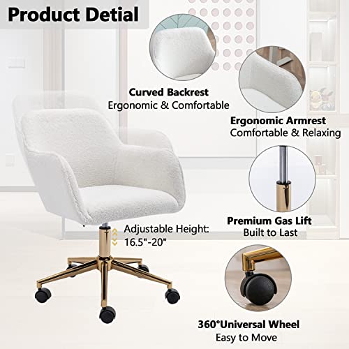 Modern Teddy Home Office Chair, Upholstered Cute Desk Chair With Gold Metal Legs, Adjustable Swivel Task Chair With Wheels, Vanity Chair For Girls Women Small Space Bedroom Study Makeup, White #TOP3