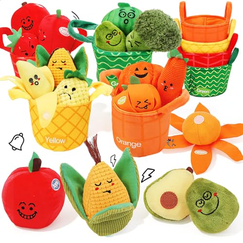 Fruit Vegetable Sensory Toys for Baby 6-12 Months - 16Pcs Plush Sorting Set Perfect for Little Hands to Grasp With Cute Faces Bright Color Food Crinkle & Rattle Birthday Gift for 1 Year Old Boy Girl