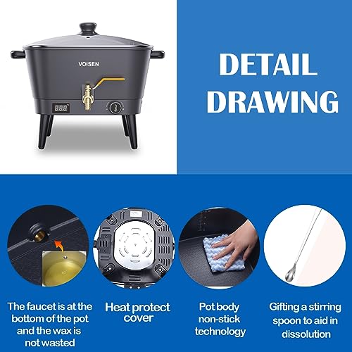 VOISEN Wax Melter for Candle Making, Electric Non-Stick Wax Melter Holds 8Qts of Wax,Soy Wax for or Soap Business Candle Making with Heat Resistant Handle & Brass Spout,Temp Control (Black) - Image 5