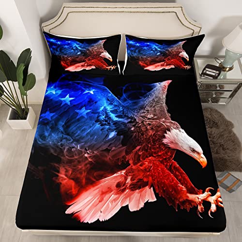 Bald Eagle Bed Sheet Set American Flag Fitted Sheet For Kids Boys Girls Teens Decor Flying Bird Wildlife Animal Bedding Set Blue White Stars Red Black Bed Cover No Flat Sheet 2Pcs Twin Size #TOP23