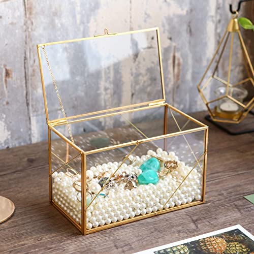 Utopz Decorative Clear Glass Box With Golden Geometric Line & Brass Shadow Box, Jewelry Display Treasure Case, 8 × 4.5 X 5 Inch #TOP2