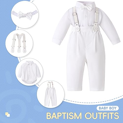 Image of Booulfi Baptism Christening Outfits for Baby Boy Outfits,NB- 5t Boy Clothes | 4 Piece Button Down White Shirt Bow Tie Photography Suspenders Baptism Outfits for Boys,Newborn 5t Boys Clothes Summer