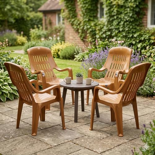 Image of Oaknest Unboxing Furniture Celloo Premium Plastic Relaxing Chair with Armrests | Ergonomic High-Back Lounge Seating for Home, Garden & Balcony (Sandalwood), Count of 4
