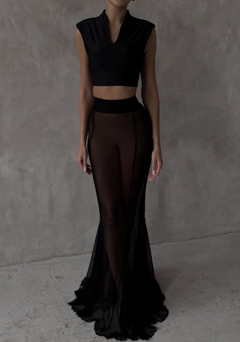 Women Sexy Solid Blazer Jacket Skirts Sets Stretch Mesh Fishtail Dress Lightweight Breathable Suit - Image 5