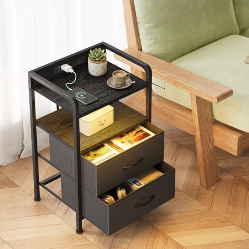 Image of Fixwal Night Stand for Men Bedroom with 2 Fabric Storage Drawers and Shelves, Nightstand with Charging Station & LED Lights, Black