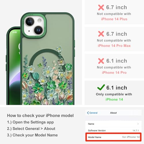 Image of Magnetic for iPhone 14 Case with for Women Girls, Green Floral | Pretty Oil Painting Flower Pattern Design [Compatible with MagSafe] Shockproof Slim Translucent Matte Non-Slip Cover