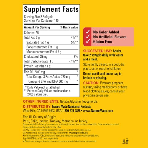 Image of Nature Made Fish Oil Omega 3 Supplements, 1200 mg Softgels, 230 Softgels | Omega 3 Fish Oil for Healthy Heart Support, Gluten Free, Dairy Free, 115 Day Supply