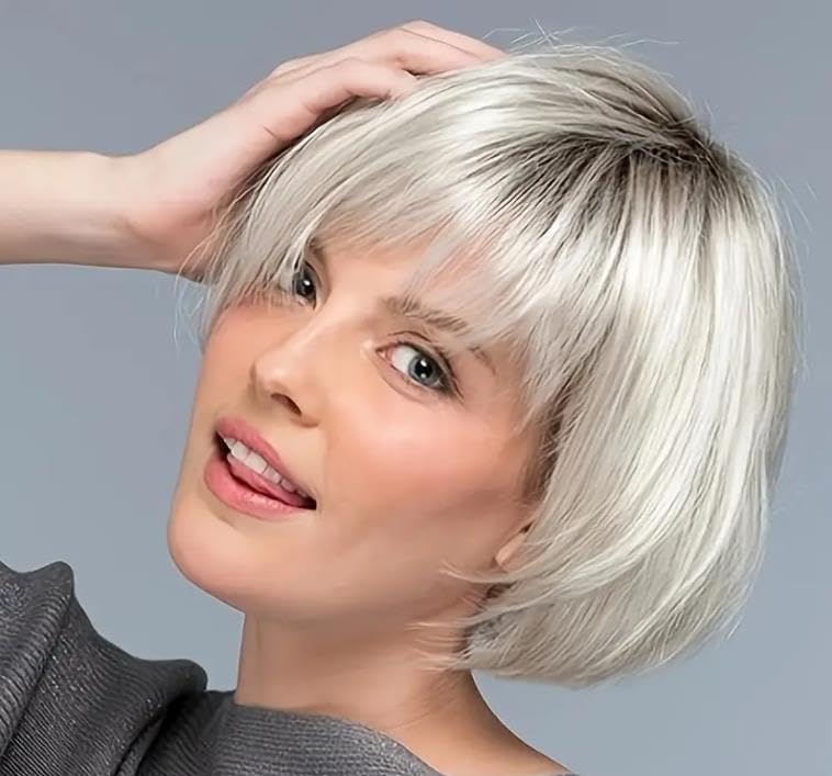 Image of Short for white Blonde Bob Wig with Bangs for Women & Men - Ombre Blonde to Dark Roots Layered Straight Synthetic Hair Wig with Natural Chin Length, Rose Net for Daily & Party Use (Silver)