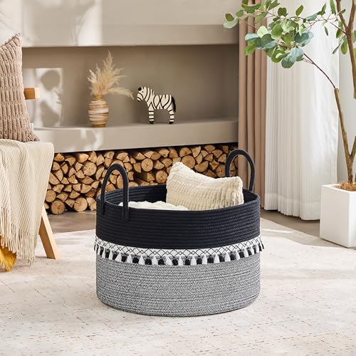 Image of KAKAMAY Cotton Rope Storage Basket (20 inchx13 inch),Woven Hamper for Blankets,Toys,Pillows,Clothes,Laundry,Sturdy Handles Decorative Basket for Living Room, Bedroom,Nursery(Black Printing)