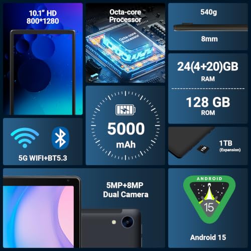 Image of Android 15 Tablet 10 Inch 24GB RAM 128GB ROM 1TB Expand, Octa-Core Processor, Widevine L1 HD IPS Touchscreen, WiFi 6 BT5.3 Dual Camera Face Unlock Tablet, Black