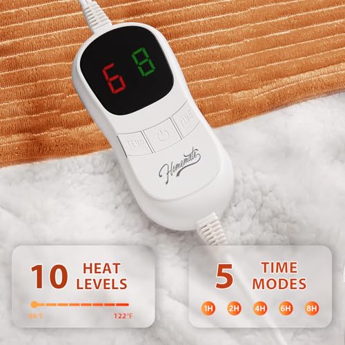 Image of Homemate Electric Heated Blanket Full Size - 72 inchx84 inch Heating Blanket Full Size 1 /2 /4 /6 /8 Hours Auto-Off 10 Heat Level Over-Heat Protection Soft Flannel Sherpa ETL Certification