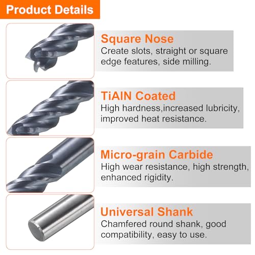 Image of HARFINGTON 5pcs Carbide Square Nose End Mill Bit 5 /64 inch Cut Dia 4 Flutes TiAlN Coated Milling Cutter for Hardened Steel Metal (5 /64 inch Shank 3 /16 inch Cut Length 1-1 /2 inch Long 45 Degree HRC53-55)