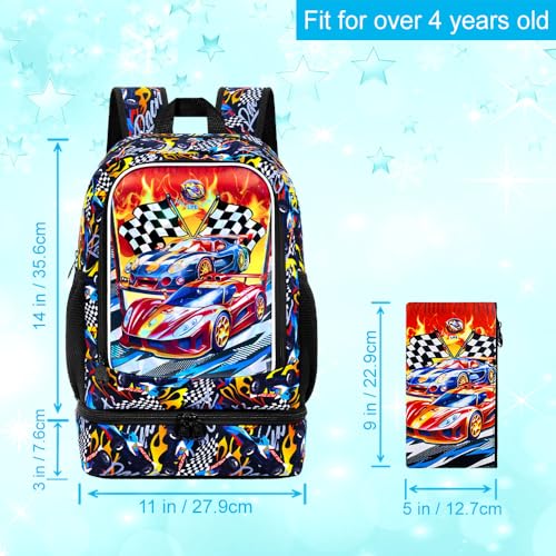 Image of HPJGD 2-in-1 Backpack for Boys, 17 inch Race Car Preschool Bookbag Set with Built-in Lunch Compartment, Kids Water-Resistant School Bag for Elementary - Thrill Racing