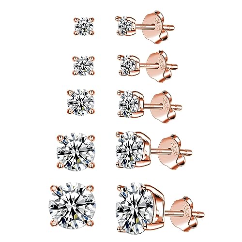 Fcebsty 925 Sterling Silver Stud earrings Set | Rose Gold Plated Hypoallergenic Stud Earrings | Cubic Zirconia Stud Earrings for Women (5 pairs 3/4/5/6/7mm)