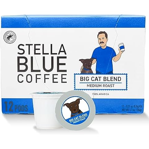 Stella Blue Fresh K Cup Coffee Pods - Big Cat Blend - 100% Arabica MEDIUM Roast - Ethically & Sustainably Sourced from Central America - Helps Support PAWS Chicago - 12 Single Serve Pods Cover