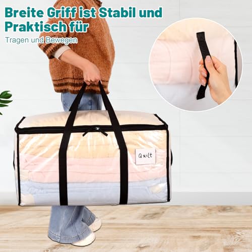 Dntorx 2 Stück 92L Große Aufbewahrungstasche mit Deckel, Transparente Umzugskartons Groß Faltbare Umzugstaschen Wasserfeste Storage Bag für Bettwäsche Bettdecken Spielzeug Kleidung Aufbewahrung