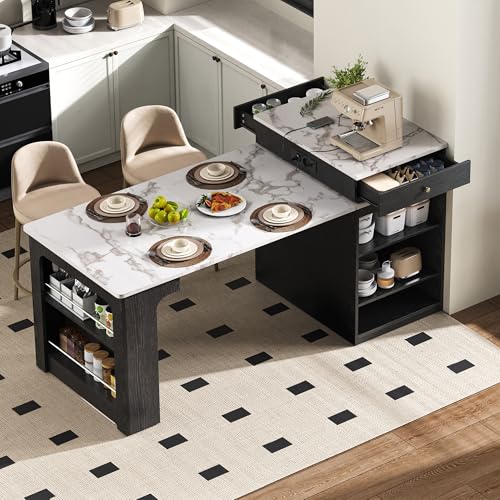Isla de cocina con ruedas, mesa de comedor extensible con tablero extraíble, mesa de bar con regletas, sirve como isla de cocina, aparador, aparador o mesa de bar para cocina (negro, 80 x 71 x 92)