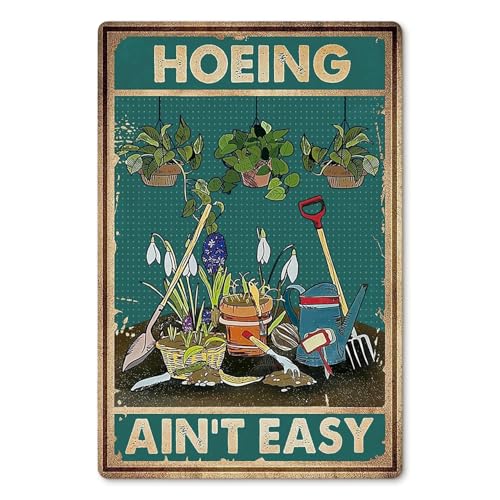 Image of Funny Garden Signs, Hoeing Ain't Easy Metal Signs, Vintage Garden Plaques for Outside, Personalized Garden Decor for Home, Farmhouse, Country Wall Fence